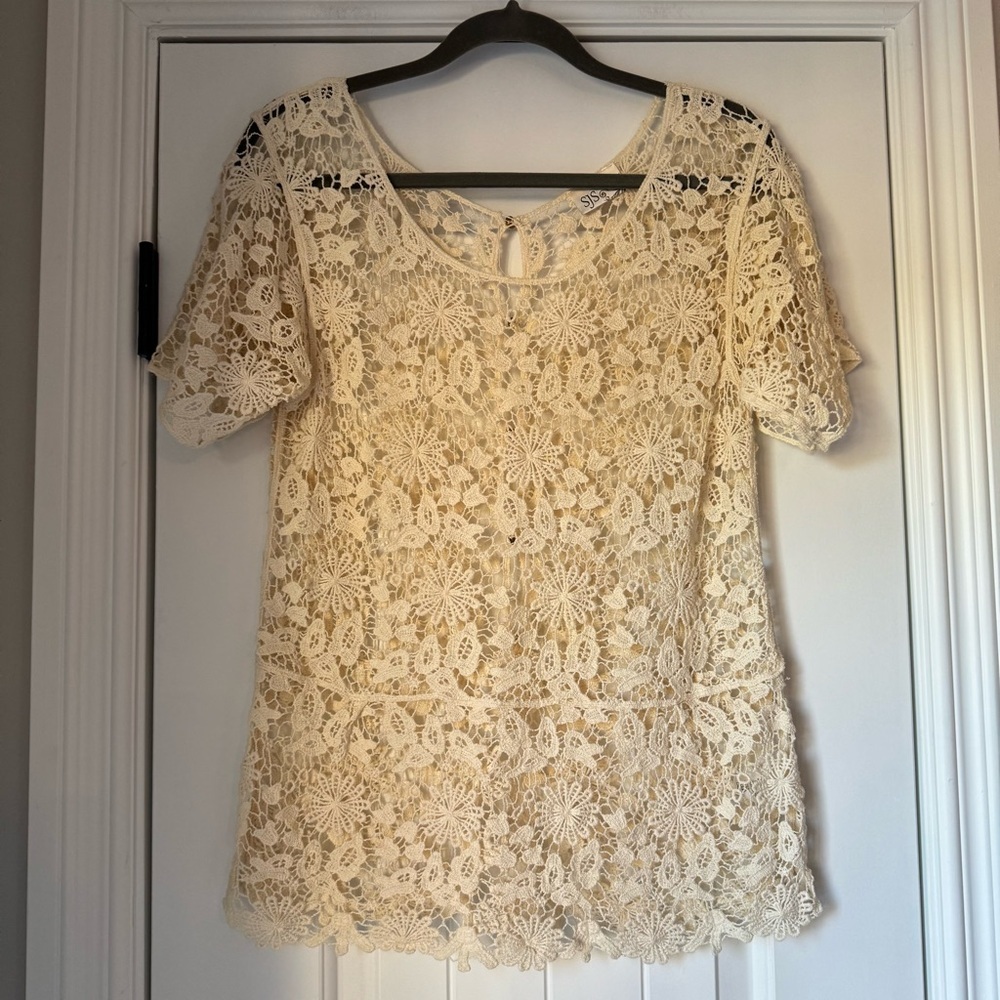 SJS Cream Crochet‎ Short Sleeve Lace Cotton Blouse